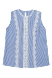 Sky Blue Stripe Lace Patchwork Crew Neck Tank Top
