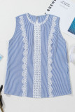 Sky Blue Stripe Lace Patchwork Crew Neck Tank Top