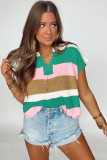Multicolour Color Block Notch V Neck Sweater T Shirt