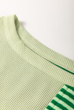 Mint Green Striped Patchwork Textured Colorblock 3/4 Sleeve Knit Top