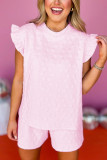Pink Bow Jacquard Ruffle Sleeve Short 2pcs Outfit