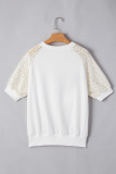 White Lace Crochet Short Sleeve Round Neck T Shirt