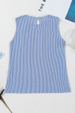 Sky Blue Stripe Lace Patchwork Crew Neck Tank Top