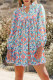 Sky Blue Abstract Printed Long Sleeve Tied Neckline Mini Dress