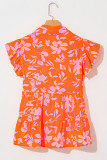 Orange Floral Print Collared Button Neckline Flutter Sleeve Blouse