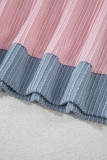 Pink Corded Colorblock Patchwork Short Sleeve Top and Loose Pants Set