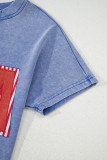 Sky Blue USA Patch Mineral Wash Notch V Neck Vintage Graphic T Shirt