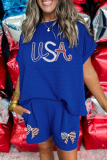 Sky Blue Sequined USA Bowknot Buttoned Back Textured Short Set