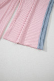 Pink Corded Colorblock Patchwork Short Sleeve Top and Loose Pants Set