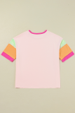 Pink Sequin MAMA Letter Graphic Color Block Patchwork Sleeve Tee