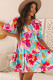 Rose Red Floral Bubble Sleeve V Neck Tiered Ruffle Babydoll Dress