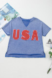 Sky Blue USA Patch Mineral Wash Notch V Neck Vintage Graphic T Shirt