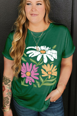 Dark Green Floral Print Crewneck Plus Size T Shirt