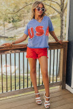 Sky Blue USA Patch Mineral Wash Notch V Neck Vintage Graphic T Shirt
