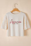 White America EST 1776 Embroidered Pearl Beaded Sleeve T Shirt