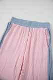 Pink Corded Colorblock Patchwork Short Sleeve Top and Loose Pants Set