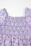 Purple Floral Short Bubble Sleeve Shirred High Waist Maxi Dress