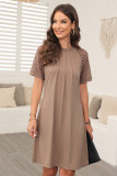 Light French Beige Contrast Lace Raglan Sleeve Pleated Detail Shift Dress