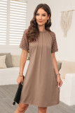 Light French Beige Contrast Lace Raglan Sleeve Pleated Detail Shift Dress
