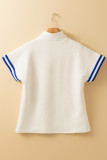 Beige Preppy Striped Trim Textured Quarter Zipper Colorblock Short Sleeve Top