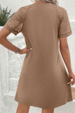 Light French Beige Contrast Lace Raglan Sleeve Pleated Detail Shift Dress