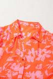Orange Floral Print Collared Button Neckline Flutter Sleeve Blouse