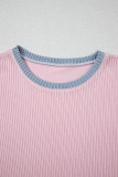 Pink Corded Colorblock Patchwork Short Sleeve Top and Loose Pants Set
