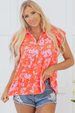 Orange Floral Print Collared Button Neckline Flutter Sleeve Blouse