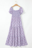 Purple Floral Short Bubble Sleeve Shirred High Waist Maxi Dress