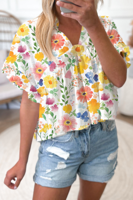 Yellow Floral Boxy Fit Ruffled Short Sleeve V Neck Blouse