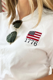 White Amercian Flag 1776 Embroidered Pattern Crew Neck Tee