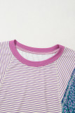 Purple Stripe Floral Color Block Raw Edge Patchwork Bracelet Sleeve Blouse