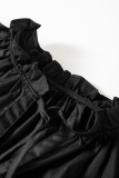 Black Ruffled Puff Short Sleeve Loose Blouse