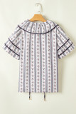 White Floral Ruffled Collar Short Puff Sleeve Printed Blouse