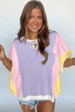 Purple Color Block Patchwork Half Sleeve Oversized T Shirt