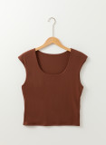 Coffee Solid Color U Neck Slim Fit Tank Top