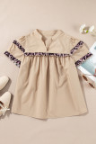 Smoke Gray Leopard Ruffles Trim Tiered Short Sleeve Blouse