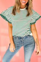 Green Stripe Scallop Lace Trim Ruffle Short Sleeves Crewneck Top