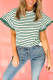 Green Stripe Scallop Lace Trim Ruffle Short Sleeves Crewneck Top