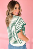 Green Stripe Scallop Lace Trim Ruffle Short Sleeves Crewneck Top