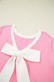 Bonbon Colorblock Bow V-Shape Cut Back Short Sleeve Sweater