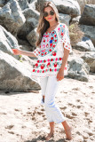 White Boho Floral Print Round Neck Ruffle Trim Blouse