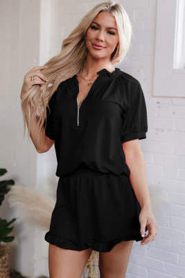 Black Half Zip Puff Sleeve Top and Ruffled Shorts Set