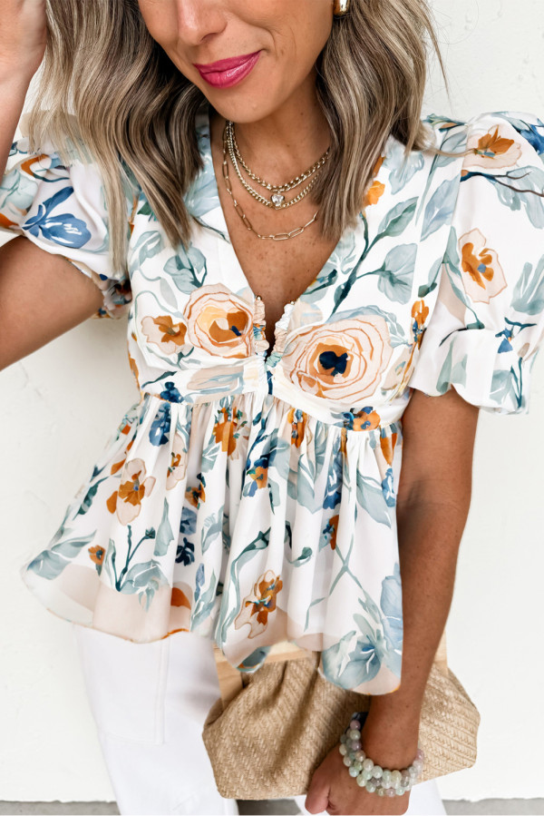 Green Floral Print Puff Sleeve V Neck Babydoll Blouse