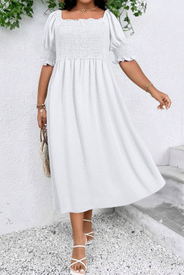 White Swiss Dot Smocked Frilled Neckline Short Sleeve Plus Size Dress
