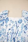 Sky Blue Floral Print Sweetheart Neck Plus Size Midi Dress