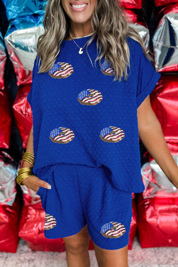 Sky Blue Textured USA Flag Doughnut Graphic Buttoned Back Tee and Shorts