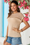 Oatmeal Lace Patchwork Waffle Short Sleeve Top