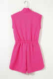 Rose Red Textured Short Sleeve Half Zip Drawstring Waist Romper
