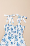 Sky Blue Floral Print Shirred Knot Shoulder Sleeveless Long Dress